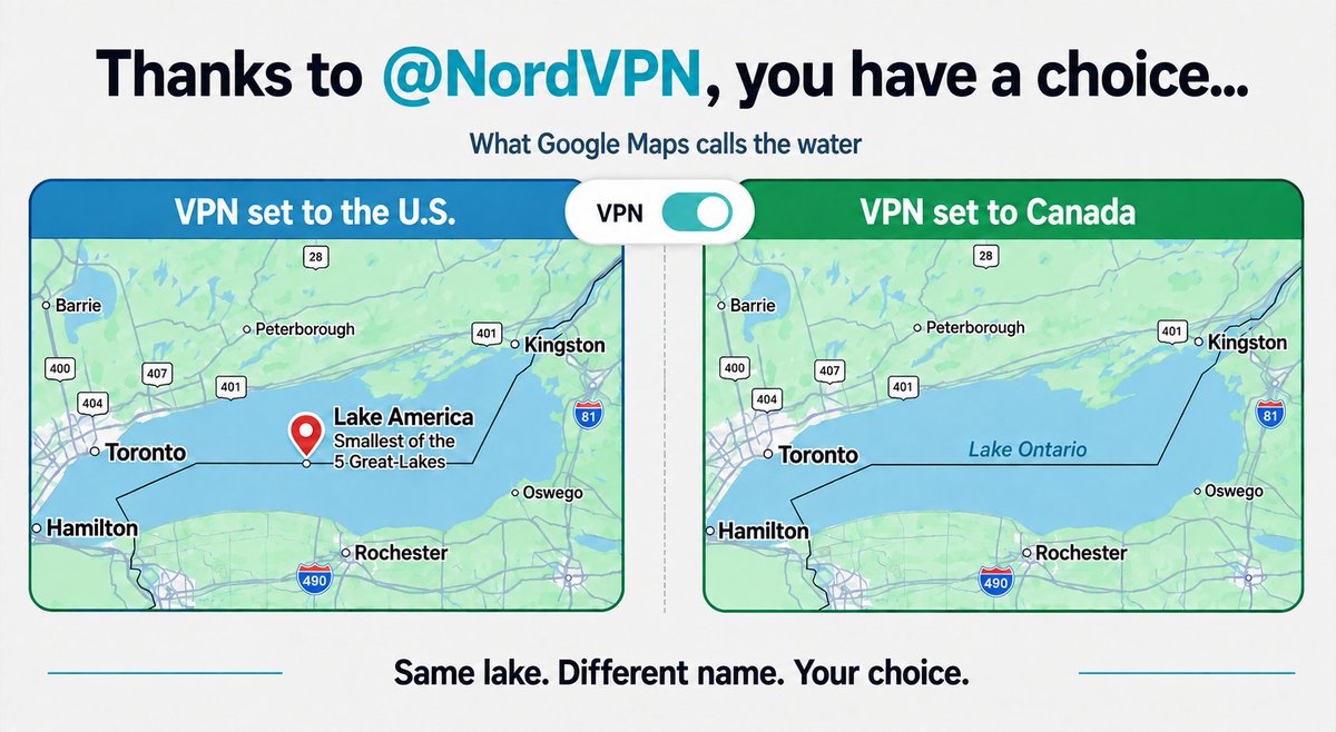 BackInTheBox_'s tweet photo. Thanks to VPN from @NordVPN, besides much better safety &amp; privacy, you can choose what you want @googlemaps to call #LakeOntario. Here come 35M Canadians setting their VPN to New York... https://t.co/ZDxzyX7iND