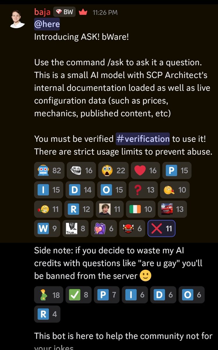 Xendefy's tweet photo. owner of a popular roblox game (scp architect) tried adding Basically Just ChatGPT to their discord and it went just as well as youd expect
they have an #faq channel that they never update and their reasoning is that no one reads it

why do so many roblox devs rely on ai now? https://t.co/jy4cF2aci8