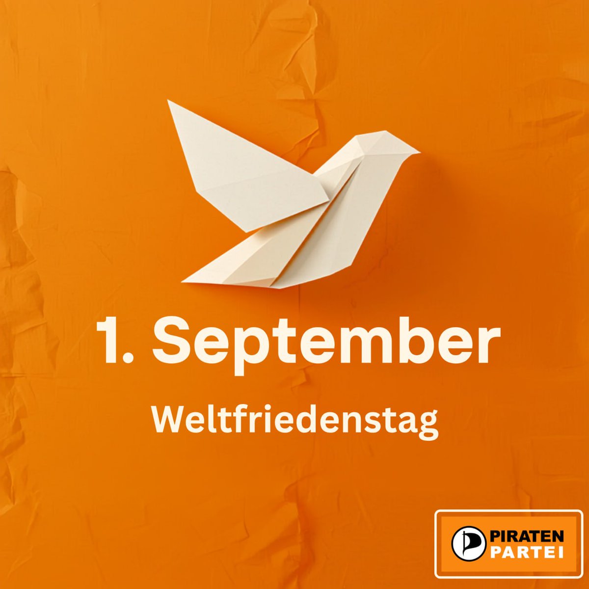Piratenpartei's tweet photo. Heute ist Weltfriedenstag! 🕊 Frieden braucht Freiheit, Menschenrechte und demokratische Lösungen. Zum Weltfriedenstag setzen wir uns für eine Gesellschaft ein, in der Konflikte nicht mit Gewalt, sondern mit Dialog und Zusammenarbeit gelöst werden.🏴‍☠️🧡

#PIRATEN #frieden https://t.co/y5zszA4yL7