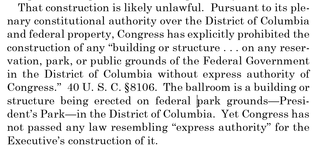 dfriedman33's tweet photo. The ballroom project is illegal, the dissenting justices say. The majority doesn't disagree; they just focus on standing. So the district court, the appeals court and four SCOTUS judges find it's illegal, but the law is unenforceable.  https://t.co/j6gGxX0Lqt https://t.co/nDyy0Dy4FV
