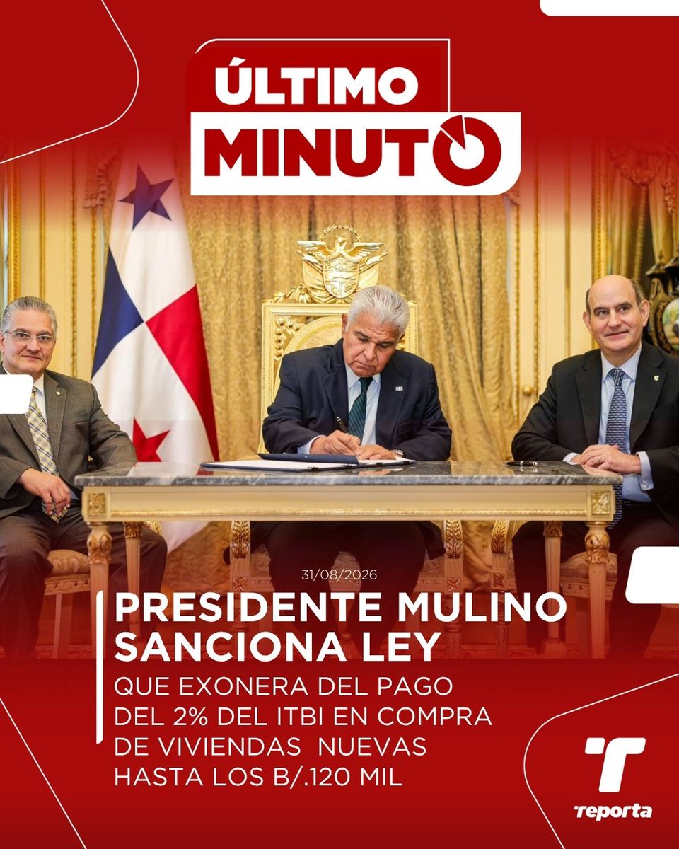TReporta's tweet photo. El presidente de la República, @JoseRaulMulino, sancionó  la ley 546 del 31 de agosto de 2026, que exonera el Impuesto de Transferencia de Bienes Inmuebles (ITBI) a la compra de la primera vivienda nueva hasta B/. 120,000.00.

La Ley establece que el beneficio fiscal previsto comprenderá a una exención equivalente a los primeros B/.120,000.00 de la base imponible de conformidad con el artículo 1 de la ley.

Igualmente, cuando la operación de venta de la vivienda nueva sea superior a esta cifra y que, a su vez, no exceda B/.200,000.00, el ITBI se calculará únicamente sobre la porción de la base imponible que exceda la cantidad base.

Tasa aplicable al excedente de B/.120,000.00

-Más de B/.120,000.00 y hasta B/.130,000.00 / 0.50%
-Más de B/.130,000.00 y hasta B/.150,000.00 / 1.00%
-Más de B/.150,000.00 y hasta B/.170,000.00 / 1.40%
-Más de B/.170,000.00 y hasta B/,190,000.00 / 1.60%
-Más de B/.190,000.00 y hasta B/.200,000.00 / 1.80%

Las primeras operaciones de venta de viviendas nuevas que se formalicen a partir de la entrada en vigencia de la ley podrán acogerse al beneficio fiscal establecido en el artículo 4 de la Ley 106 de 1974, aun cuando el respectivo permiso de ocupación haya sido expedido con anterioridad a dicha fecha, siempre que la operación se formalice dentro de los treinta meses siguientes contados a partir de la fecha de expedición del permiso de ocupación, y se cumplan las demás condiciones previstas en dicho artículo.