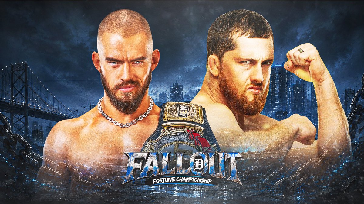 ThisIsUVC's tweet photo. Gold is on the line at Fallout! Fortune Champion Austin Theory puts his title against Kyle O’Reilly, fresh off his brutal victory at All In! Theory’s confidence meets Kyle’s relentless striking and submissions when the two collide in Detroit! https://t.co/cywsFJWyld