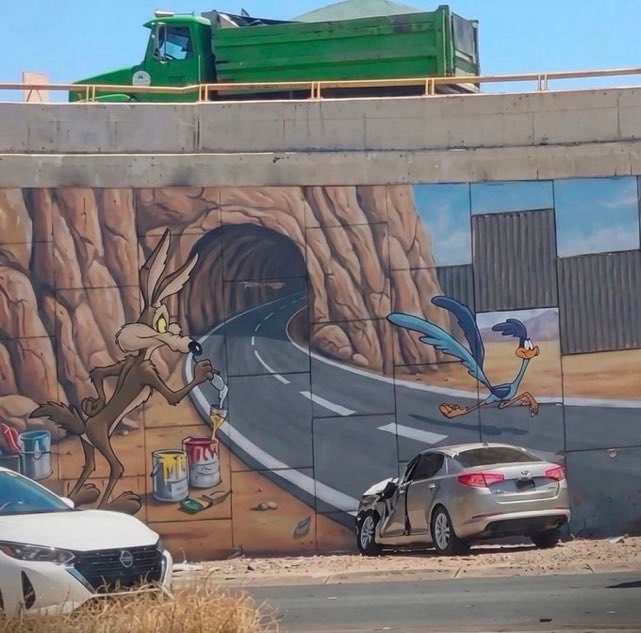 esnupicore's tweet photo. 🚨 URGENTE: esnupi ficou todo fudido acabado após bater de carro num muro pintado por um coyote 💔 https://t.co/rtDYAqx78t