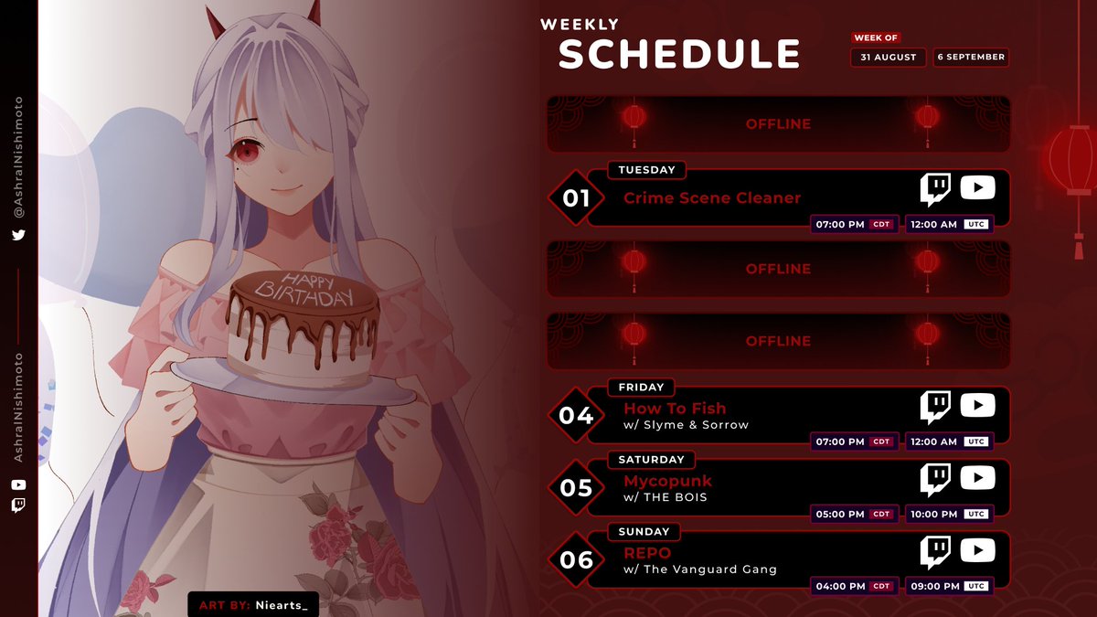 AshralNishimoto's tweet photo. And here's the weekly #schedule as I will now be dual streaming to Youtube and Twitch from here on out. Look out for the waiting rooms to be put up soon!! https://t.co/oY4MkA5g5a