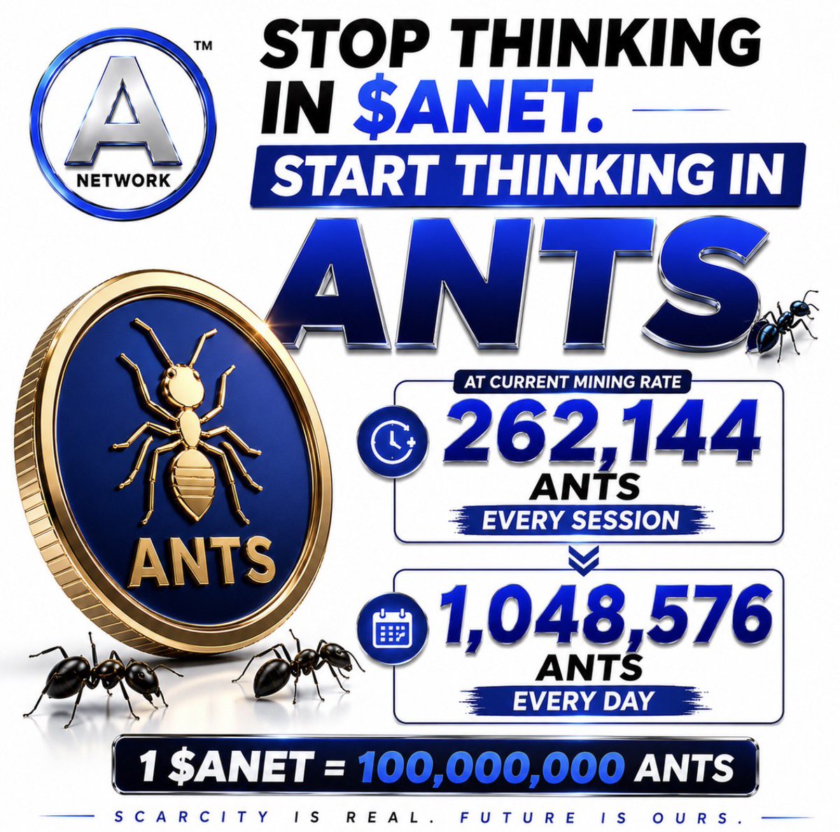 Digitalgold1979's tweet photo. 🚨 STOP THINKING IN DECIMALS. START THINKING IN ANTS. 🐜🔥

1 $ANET = 100,000,000 ANTS

And at the CURRENT MINING RATE, every completed session is producing:

🐜 262,144 ANTS

Complete all 4 sessions?

🔥 1,048,576 ANTS PER DAY

That’s OVER ONE MILLION ANTS A DAY at the current mining rate.

Now does 0.00262144 $ANET feel a little different? 👀

SAME REWARD. DIFFERENT PERSPECTIVE.

And this is where the A Network economy starts getting VERY interesting.

Bitcoin already taught the world this lesson.

You don’t need to own 1 whole BTC to participate in Bitcoin.

Bitcoin has SATOSHIS.

🟠 1 BTC = 100,000,000 SATOSHIS

And A Network has:

🔵 1 $ANET = 100,000,000 ANTS

But ANTS aren’t just about making your mining balance easier to understand.

START THINKING ABOUT ANTS AS AN EVERYDAY UNIT OF THE A NETWORK ECOSYSTEM. 🐜

⚡ Mining → ANTS

⚡ Transaction fees → ANTS

⚡ Swapping fees → ANTS

⚡ Bridging fees → ANTS

⚡ NFT activity → ANTS

⚡ Ecosystem transactions → ANTS

**MINE IN ANTS.

SWAP IN ANTS.
BRIDGE IN ANTS.
PAY FEES IN ANTS.
INTERACT WITH NFTs IN ANTS.**

Now imagine where this becomes really interesting.

Today someone sees:

0.00262144 $ANET

and says:

“That’s such a small amount.”

We see:

262,144 ANTS. EVERY SESSION.

Today, 4 sessions at the current rate equal:

1,048,576 ANTS A DAY.

But A Network has halvings.

The mining reward doesn’t stay here forever.

262,144 Ants per session…

becomes less.

Then less.

Then less again.

THAT’S WHAT SCARCITY DOES.

There may eventually come a time when thinking in whole $ANET doesn’t feel as natural as it does today.

Just like someone can say:

“I can’t afford one Bitcoin.”

But they can still acquire and transact in satoshis.

Maybe one day people will say:

“I can’t afford one whole $ANET.”

And the answer could simply be:

🐜 “THEN THINK IN ANTS.”

That’s why we want the community to understand this unit NOW.

You’re not “only” mining:

0.00262144 $ANET.

You’re currently mining:

262,144 ANTS PER SESSION.

OVER 1 MILLION ANTS PER DAY.

And those same Ants can become the language through which people understand activity across the A Network ecosystem.

BITCOIN HAS SATOSHIS.

A NETWORK HAS ANTS. 🐜🔥

Today you count $ANET.

Tomorrow you may count ANTS.

And after enough halvings, miners may look back at 262,144 ANTS PER SESSION very differently.

DON’T JUST COUNT YOUR $ANET.

COUNT. YOUR. ANTS. 🐜

1 $ANET = 100,000,000 ANTS

REMEMBER THAT NUMBER.

#ANetwork #ANet #ANTS 
#wANet