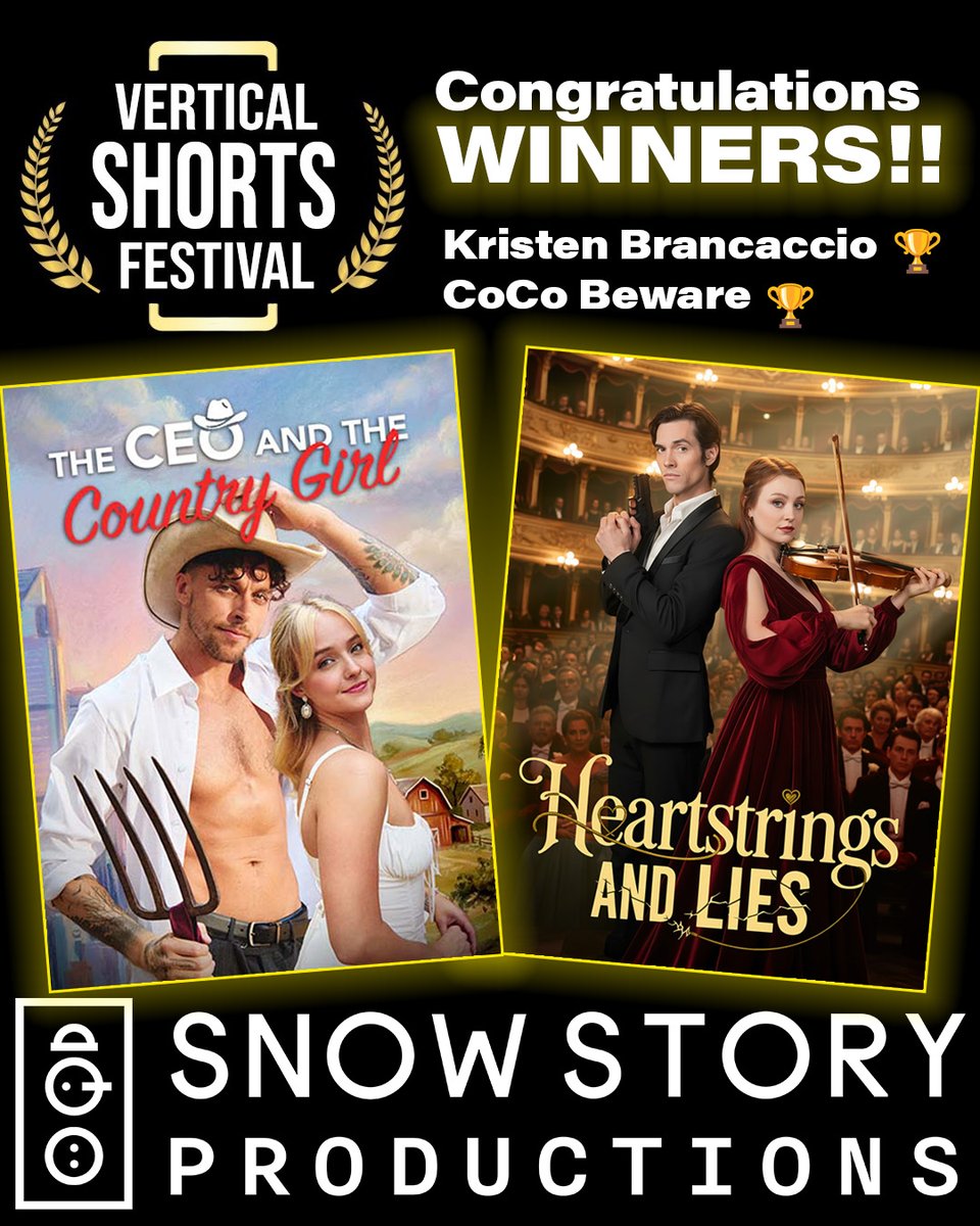 SnowStoryMedia's tweet photo. CONGRATULATIONS!! Two big wins at @VerticalShortsFestival has us over the moon! 🚀
Kristen Brancaccio won Best Screenplay with Heartstrings and Lies 🏆
@kristensreality #heartstringsandlies #amazing #vertical #winner
CoCo Beware won Best Love Story for The CEO and the Country Girl 🏆
@_coco_beware_ #theceoandthecoungtrygirl #amazing #vertical #winner
We are SO proud of you and your work! These are very well deserved. You always keep us on the edge of our seats! ❄️❤️
#snowstory #verticals #microdramas #verticalshortsfestival #vsfawards