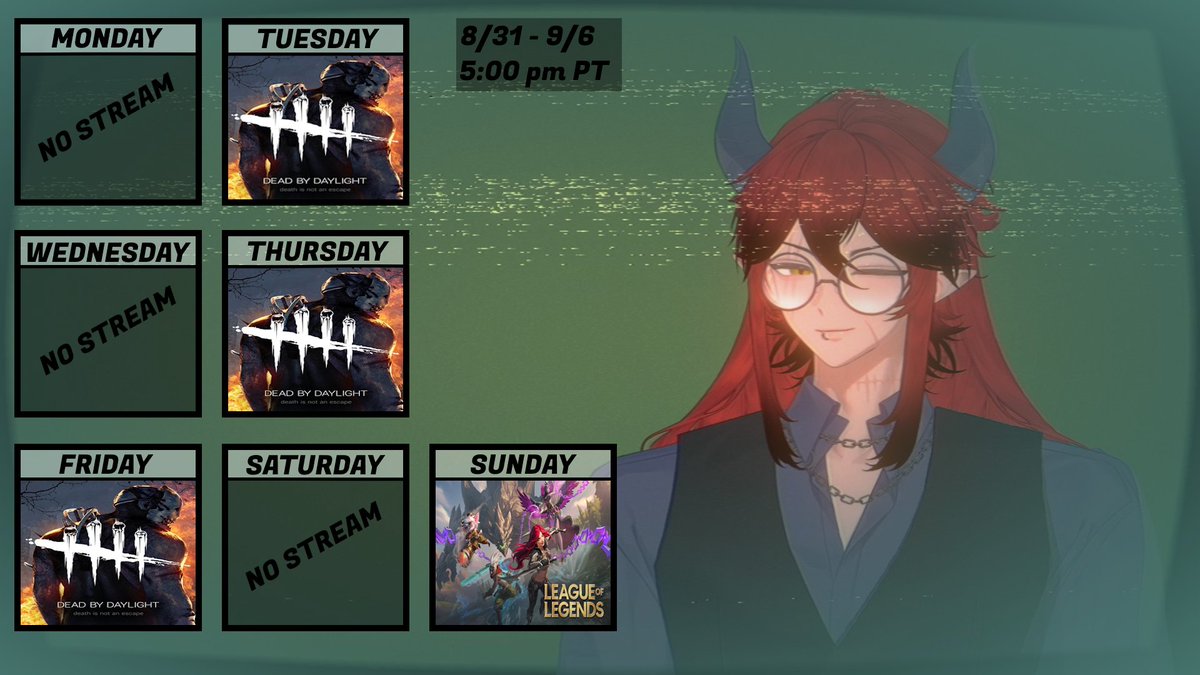 HobbikiinVT's tweet photo. What is this, an actual schedule? That's right, I'll be live this week! Also, so people know and aren't surprised, I will probably be Vtubing or real me, it just depends on the mood! #VTuber #Twitch #ENVTuber https://t.co/Va3vH720RM