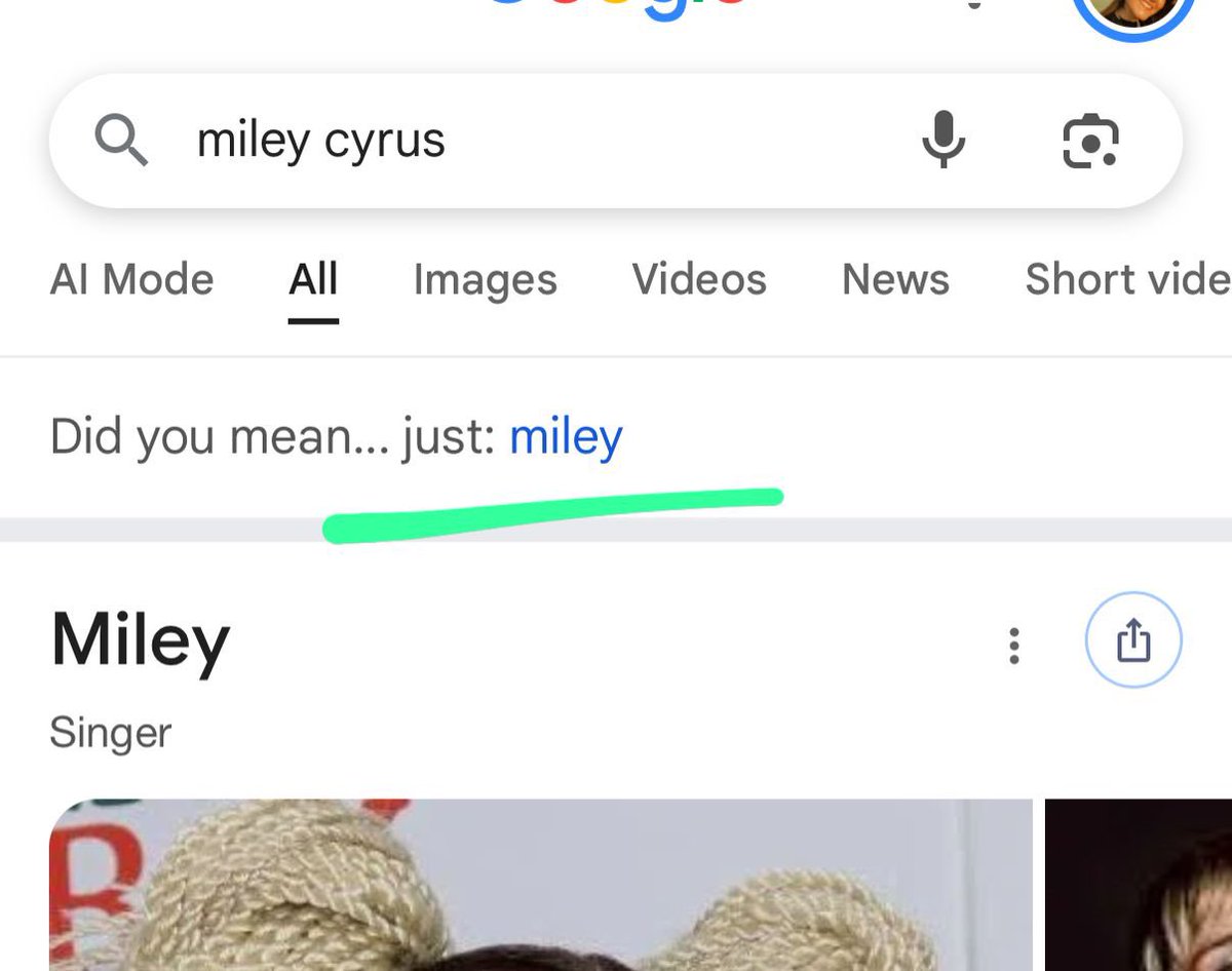 MileyUpdates's tweet photo. Once you search for Miley Cyrus name on google it shows “Did you mean…just: Miley”! 

THIS NEW ERA PROMO IS EVERYTHING https://t.co/rIg1KT7A9Q