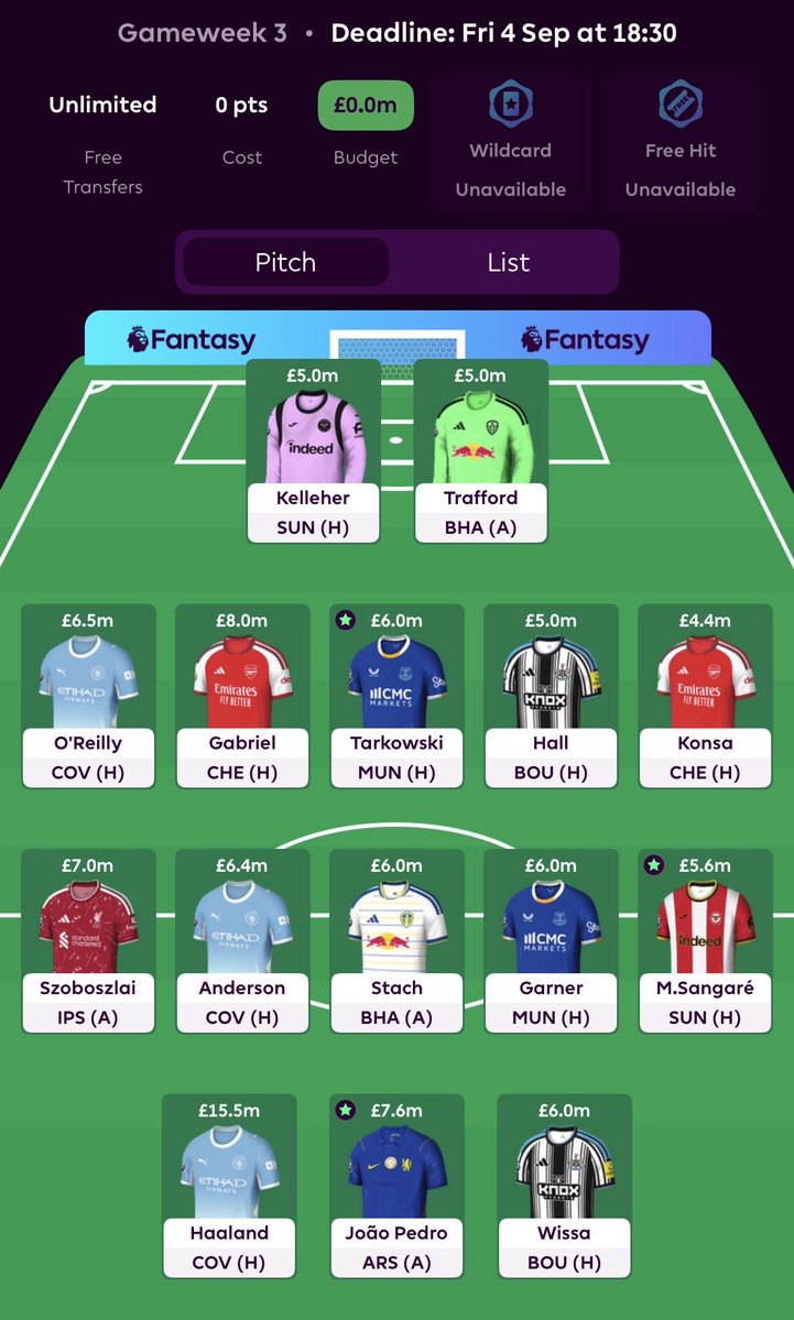 SamuelTHFC's tweet photo. First draft done 🧠

Going heavy on DEFCON targets this season, just having a bit of fun while getting stuck into the game. 

Considering 🔄
O’Reilly ➡️ Pedro Porro 
Garner ➡️ KDH https://t.co/qqSmkVHfTw