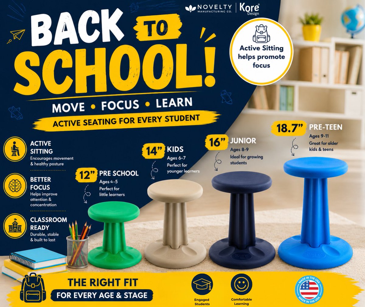 KOREstoolDesign's tweet photo. 🎒 Back to School with Kore Kids Wobble Chairs! Active seating helps students move, focus &amp; learn while improving posture and core strength. Available in 12", 14", 16" &amp; 18.7" sizes for every stage of learning. Made in USA. #BackToSchool #FlexibleSeating #ActiveSitting https://t.co/EcKoEa4Gcp