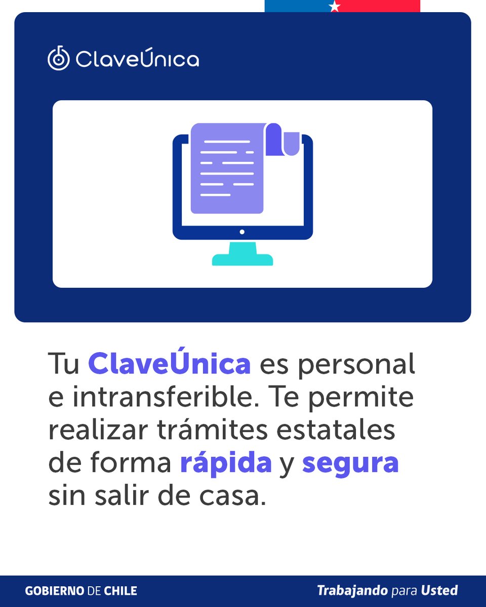 GobDigitalCL's tweet photo. ¿Qué es la #ClaveÚnica? 🔐

Es tu contraseña personal, vinculada a tu RUN, para acceder de forma rápida y segura a los trámites digitales del Estado.

Es personal e intransferible. Solicita tu código en el Registro Civil y actívala en https://t.co/rUtSYHL9dA. https://t.co/yjzIO9ScgB