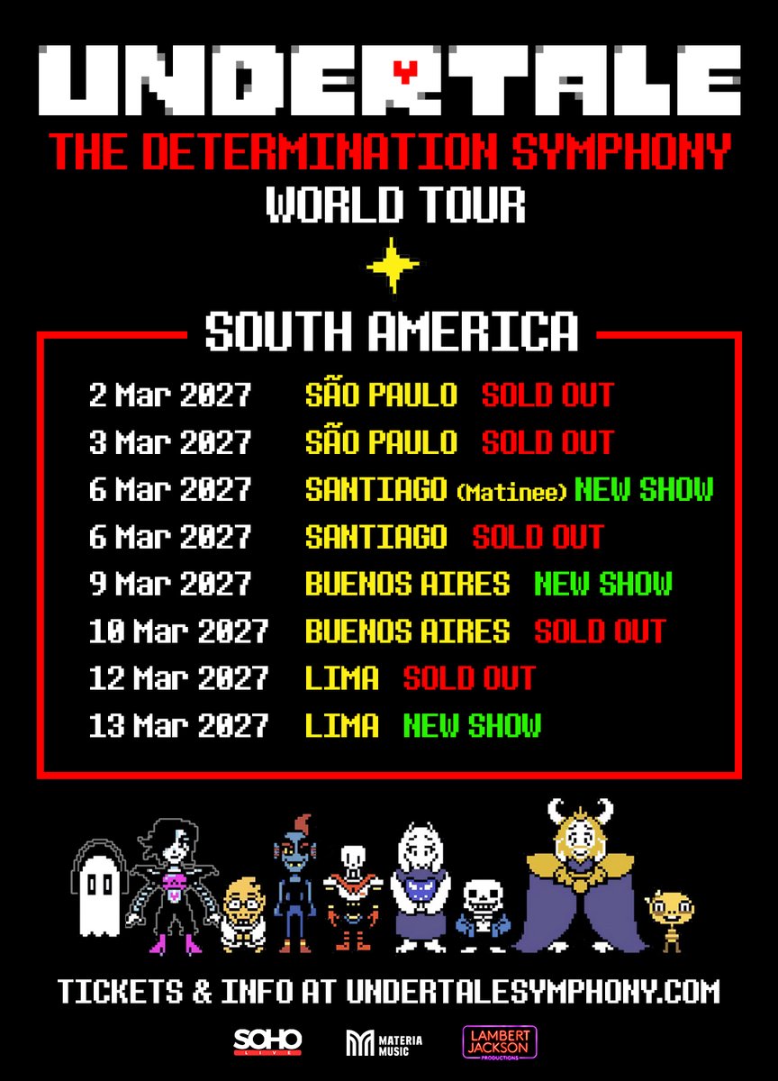 UndertaleSymph's tweet photo. ✨ New shows added for Santiago, Buenos Aires and Lima

🎟️Tickets on sale September 3rd at the following times:

🇨🇱 Santiago
11am Local

🇦🇷  Buenos Aires
12pm Local

🇵🇪 Lima
10am Local

Click the link below for more information:
https://t.co/KO2BaH4VtT https://t.co/khRbTt9sGi