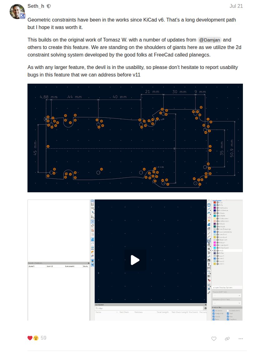 i2cjak's tweet photo. we're at the point where KiCad is exceeding Altium in featureset and it was even faster than I expected. I was thinking we'd have another year. 

they're adding little things like pin function groups, but also HUGE ones like the geometric constraints. it's unbelievable. https://t.co/Tm3sGfjdzO