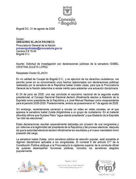 Sandra_ForeroR's tweet photo. Como anuncié esta mañana, presenté ante la @PGN_COL solicitud de investigación en contra de la senadora @ISAZULETA por desconocer públicamente la legitimidad del Presidente @ABDELAESPRIELLA y hablar de un fraude electoral que nunca existió. https://t.co/SJbbvDcAiL