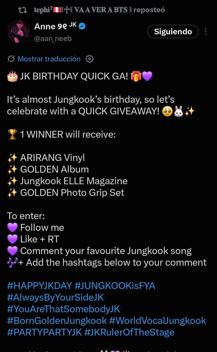 fabianamlss's tweet photo. @aan_neeb My time 💜💜
#HAPPYJKDAY #JUNGKOOKisFYA #AlwaysByYourSideJK #YouAreThatSomebodyJK #BornGoldenJungkook #WorldVocalJungkook #PARTYPARTYJK #JKRulerOfTheStage https://t.co/Oitxpa4Qyq