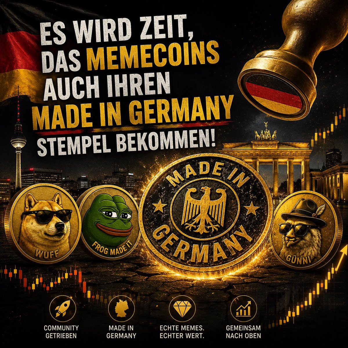 Germanmemecoins's tweet photo. Made In Germany! Es wird Zeit das wir Deutschen jetzt mal ordentlich loslegen in der Memecoin Szene! #memecoins #germany #madeingermany #tradingcrypto #trading #meme https://t.co/Wg9wN4JHUj