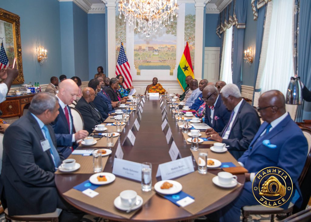 Asante_nation's tweet photo. Otumfuo Osei Tutu II, Asantehene, held a high-level meeting with the U.S. Chamber of Commerce in Washington, D.C., on August 31.

The meeting focused on investment and trade opportunities for Asanteman and Ghana.

Among those in attendance were:

U.S. side-

• Victor Smith, Ghana’s Ambassador to the U.S.
• Kendra Gaither, U.S. Chamber of Commerce
• Guevera Yao, U.S. Chamber of Commerce
• Amb. Linda Thomas-Greenfield, Former U.S. Ambassador to the UN
• Kwabena Osei-Sarpong, RIFE International
• Dr. Adjoa B. Asamoah, ABA Consulting
• Amb. Dr. Jendayi Frazer, 50 Ventures
• Sarah Brenholt, Cargill
• Michael Coyle, Peak Global Partners
• Victor Swami, Areva Pharmaceuticals

Asantehene’s Delegation- 

• Amb. Kobby Koomson, Former Ghana’s Ambassador to the U.S.
• Ernest Sarhene, Head of Protocol to the Asantehene
• Charles Sekyere
• Dr. Andy Asamoah, CEO, A&C Mall
• Kofi Badu, Chief of Staff, Manhyia Palace
• Nana Prof. Oheneba Boachie-Adjei Woahene II, Otumfuo Hiahene
• Nana Effah Apenteng, Bompatahene
• Nana Otuo Siriboe II, Juabenhene

#manhyiapalace
#theasantenation