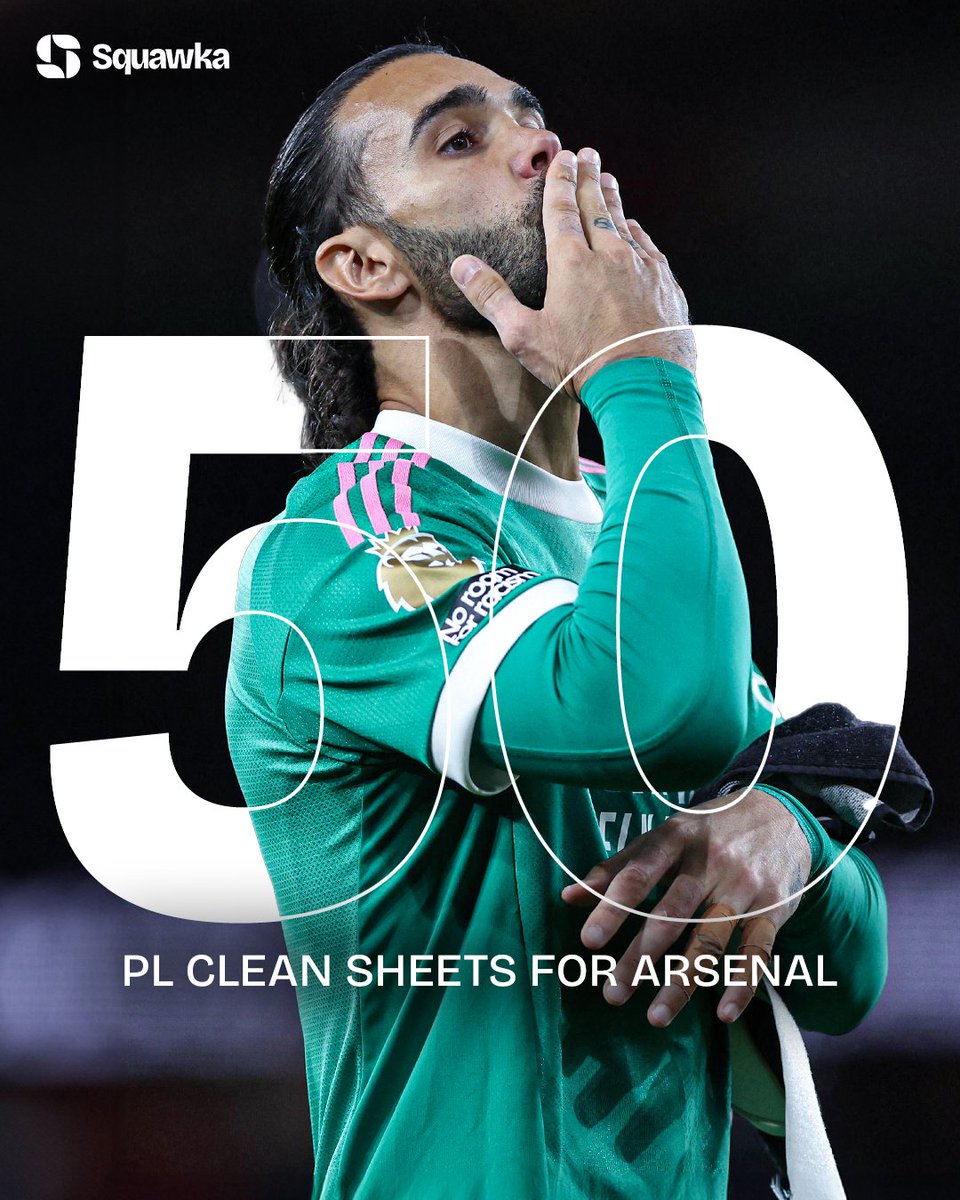 Squawka's tweet photo. David Raya records a 50th clean sheet for Arsenal in the Premier League. 🧼

He's kept 13 more than any other goalkeeper in the competition since his Arsenal debut. 

According to @Polymarket, he has a 72% chance of winning a record-equaling 4th Premier League Golden Glove this season. 📈