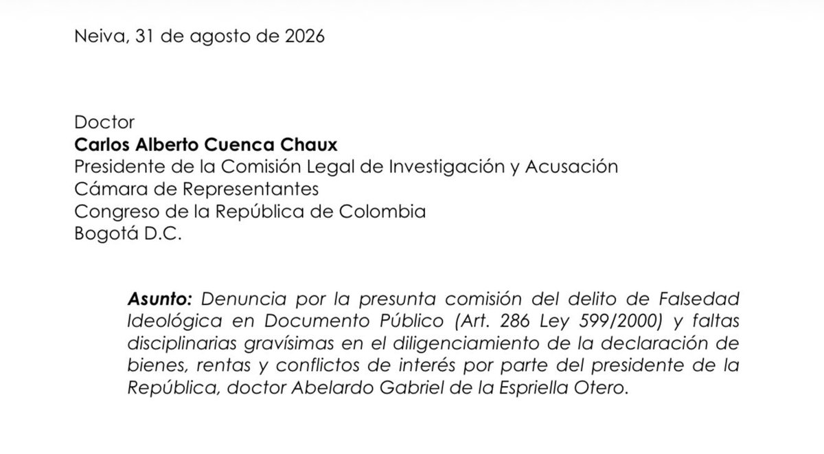sur21609's tweet photo. En ejercicio del deber constitucional del artículo 95 (numeral 7), radiqué formalmente una denuncia penal y disciplinaria ante la Comisión Legal de Investigación y Acusación de la Cámara de Representantes contra el presidente Abelardo de la Espriella. https://t.co/lD7dj9Qtdb