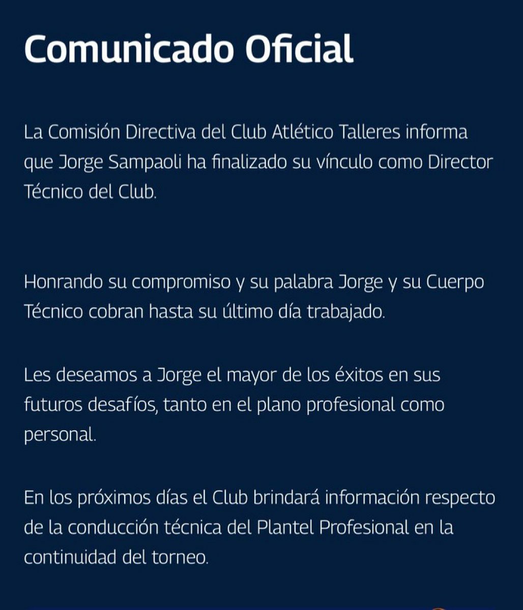 Rosenioneta's tweet photo. Jorge Sampaoli dejo de ser el técnico de #Talleres, la comisión directiva del equipo #Cordobes lo informo. https://t.co/NgbxD9F2w3