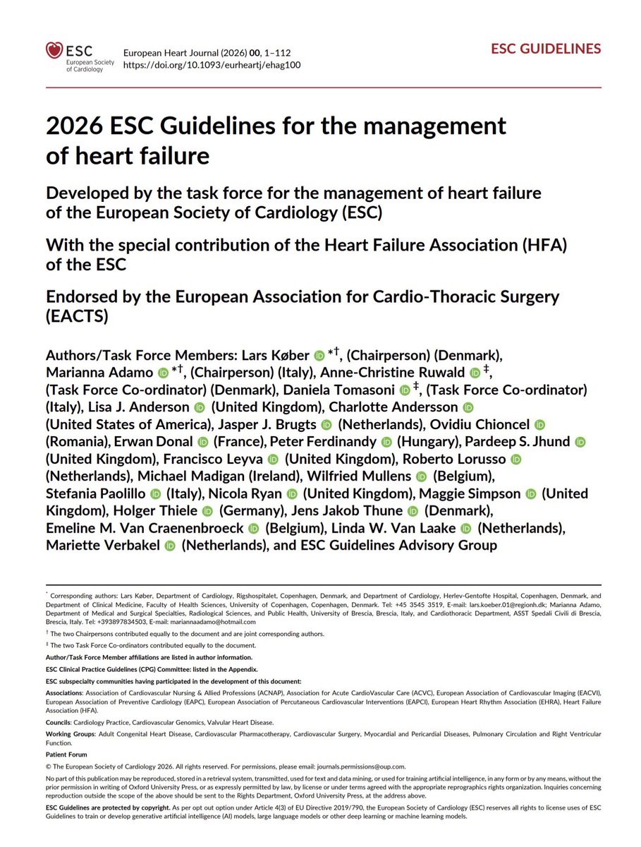GiuseppeGalati_'s tweet photo. 🔥 📝 2026 ESC Guidelines for the management of heart failure: 
Developed by the task force for the management of #HF of @escardio (ESC)

With the special contribution of the #HFA 
Endorsed by the @EACTS 

https://t.co/UERosIqhrG

☀️ Only #HFrEF & #HFpEF (No more #HFmrEF after 10 years of its definition)

✅ Better description of synergy between drugs and interventional procedures 

🍀 Better characterization of #AvancedHF & indication of #LVAD & #HeartTransplantation

🖊️ Change of terminology “foundational therapy” ( no more GDMT), “Decompensated” (No more acute)

🫀 @HFUAcademy  🍀

https://t.co/0dFvFm9NeT 

@EJHFEiC @HFA_President @gpontone1 @chiarabd @MicheleEmdin 
@AmrAbdin10 @KTamirisaMD  @DrRajivsankar @JBauersachsMD  @robmentz @TomLuscher @AndrewJSauer 
@DrMarthaGulati @FedericaFogacci @afgcicero @glimongelli @IacopoOlivotto @HanCardiomd @GMCRosano @SeguraCardio @ShelleyZieroth @chiarabd @iamritu @cristinagavina @FeliceGragnano @rahatheart1 @gpontone1 @stefanocarugo @AnastasiaSMihai @radcliffeCARDIO @GCFmeeting