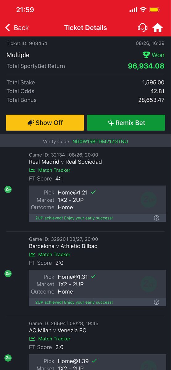 47karatz's tweet photo. 42odds boom!! Drop tickets if you played!!!

@_Jaredad @Mrbankstips @MerlinTipz @mrbayoa1 @LouieDi13 @iamBigChops @deefuser https://t.co/Yt5Ru6ZKER