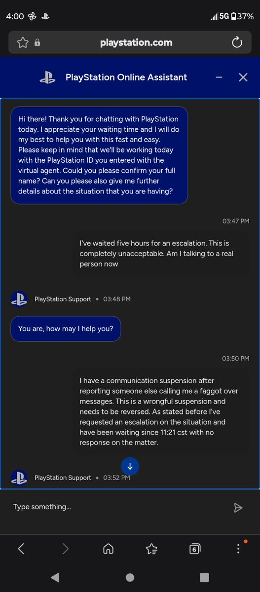 AxelTheSergal's tweet photo. @PS_Support_US  is refusing to do anything about a wrongful suspension of communication for me. Make it make sense how someone I reported for calling me a faggot gets me communication banned. It makes no sense at all https://t.co/7ZfJ6kJLdF