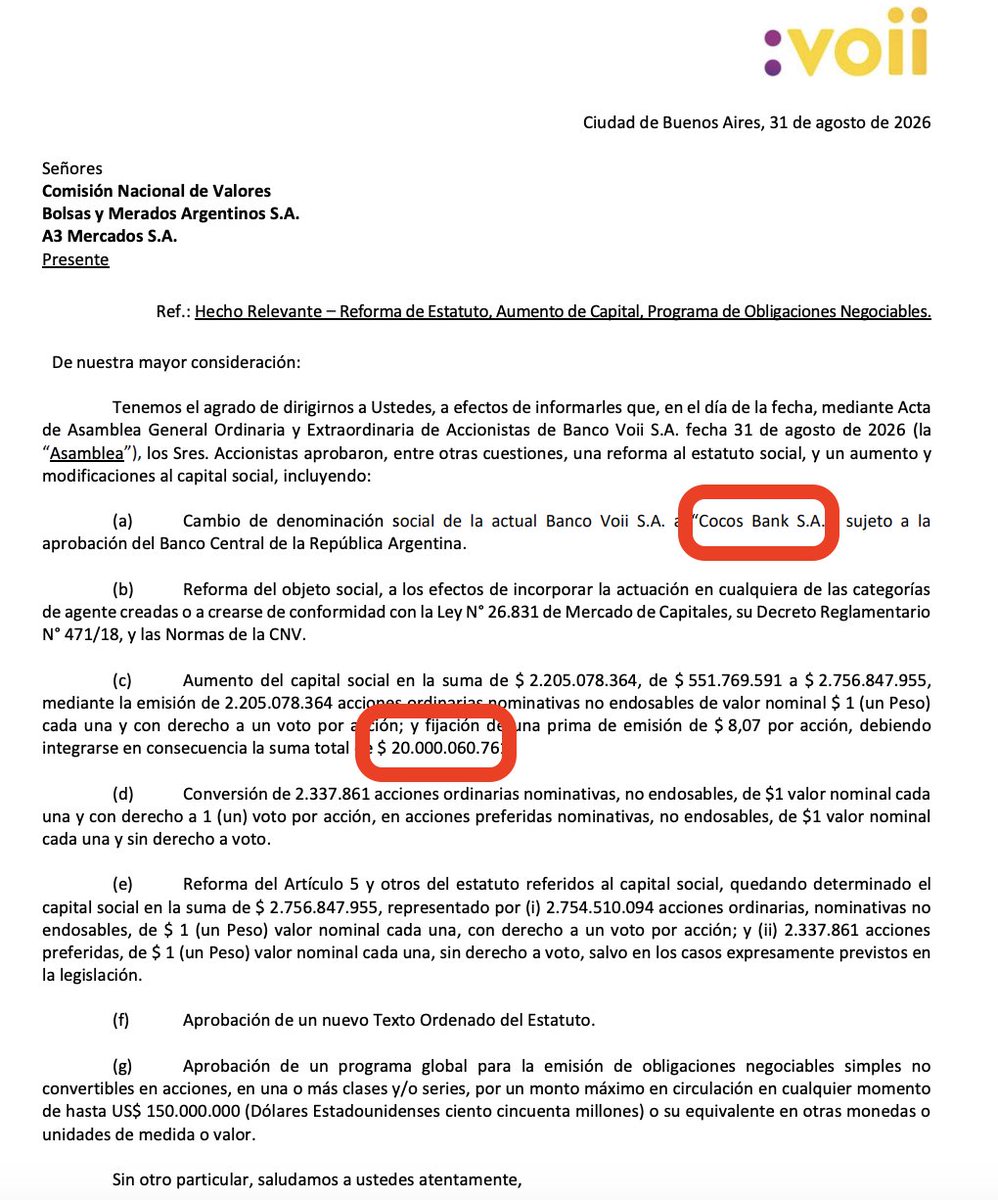 arielsbdar's tweet photo. 🚨 GIGA MEGA IMPORTANTE ASAMBLEA DE @banco_voii DONDE APROBAMOS:

1) CAMBIO DE NOMBRE A "COCOS BANK S.A, ELEGIDO POR USUARIOS. (sujeto aprobación BCRA)

2) APORTE DE CAPITAL POR ARS 20.000 MILLONES! SEGUIMOS PONIENDO PLATA EN ARGENTINA, RECONTRA COMPRA-PATRIA! https://t.co/ol1GDuQvGg