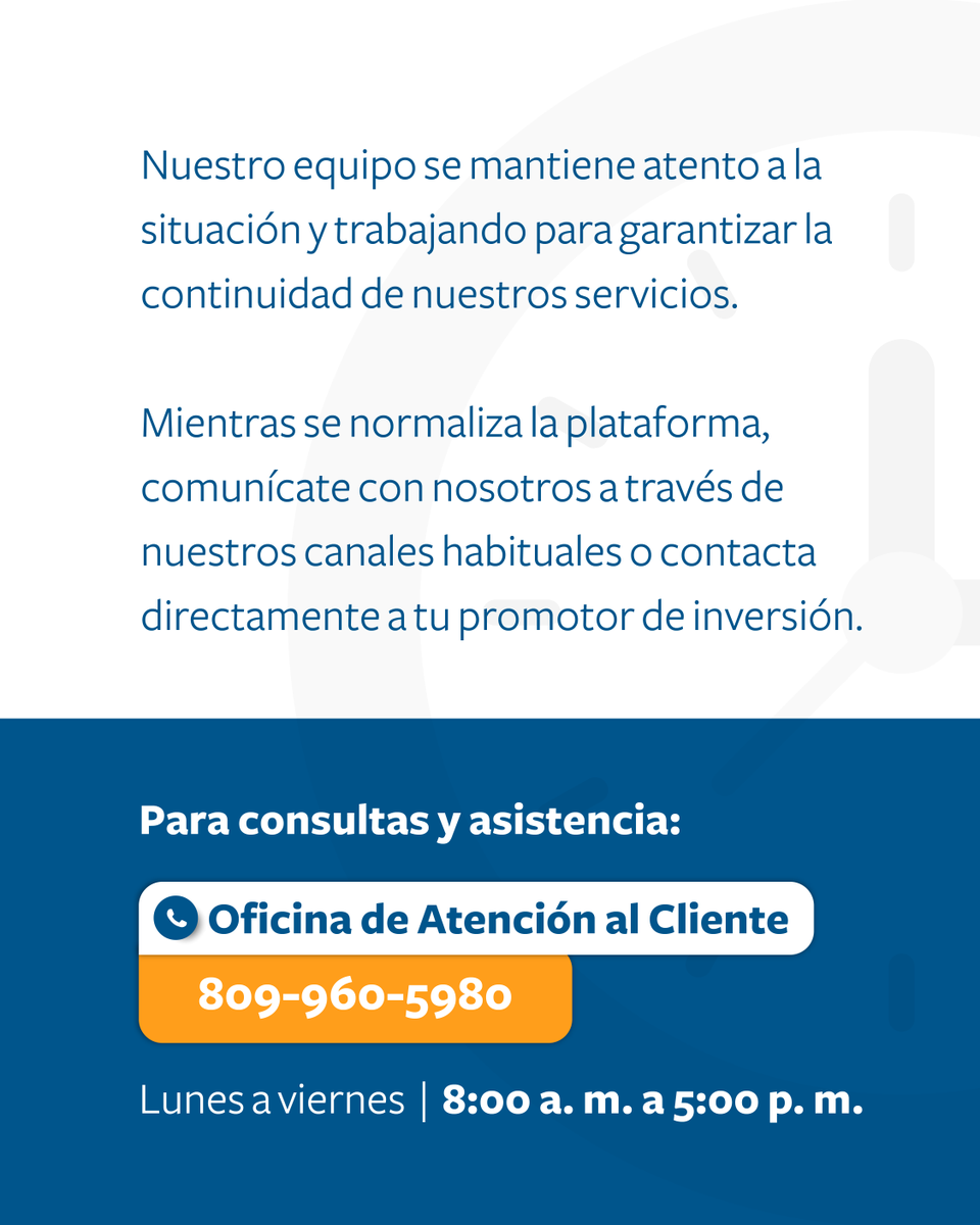 AfiReservas's tweet photo. Nuestro equipo se mantiene atento a la situación y trabajando para garantizar la continuidad de nuestros servicios. Puedes comunicarte con nosotros a través de nuestros canales habituales o contactar directamente a tu promotor de inversión.

#AFIReservas https://t.co/5EE8XxFqGZ