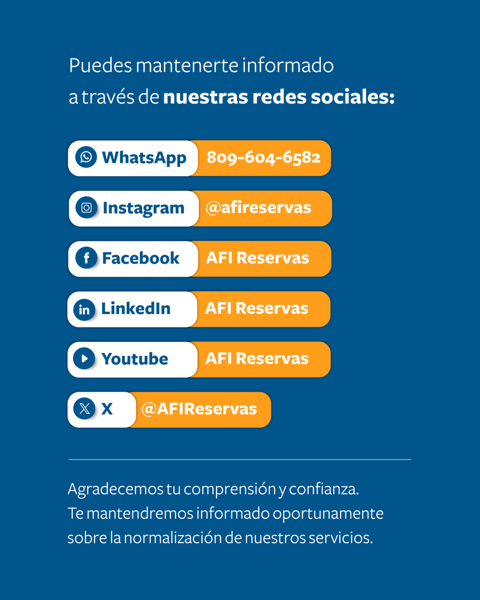 AfiReservas's tweet photo. Nuestro equipo se mantiene atento a la situación y trabajando para garantizar la continuidad de nuestros servicios. Puedes comunicarte con nosotros a través de nuestros canales habituales o contactar directamente a tu promotor de inversión.

#AFIReservas https://t.co/5EE8XxFqGZ