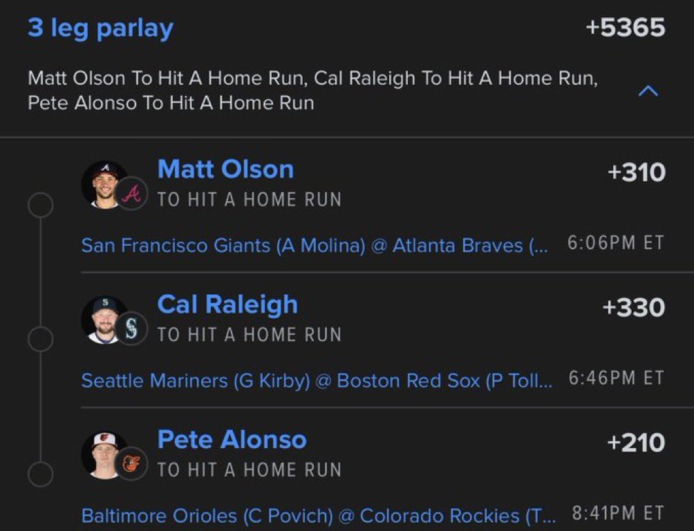 favyparlay's tweet photo. 🔥⚾ 3-LEG MLB HOME RUN PARLAY ⚾🔥

💣 Matt Olson — HR
💣 Cal Raleigh — HR
💣 Pete Alonso — HR

🎯 3 Legs • +5365 Odds 💰🔥
JOIN THE CORD FOR MORE PLAYS @playbook
👇👇👇👇👇👇

https://t.co/p6ekOg02YI

#MLB #SGP #HomeRunParlay #HRParlay #SportsBetting #BaseballBetting https://t.co/NbM36UyrhH