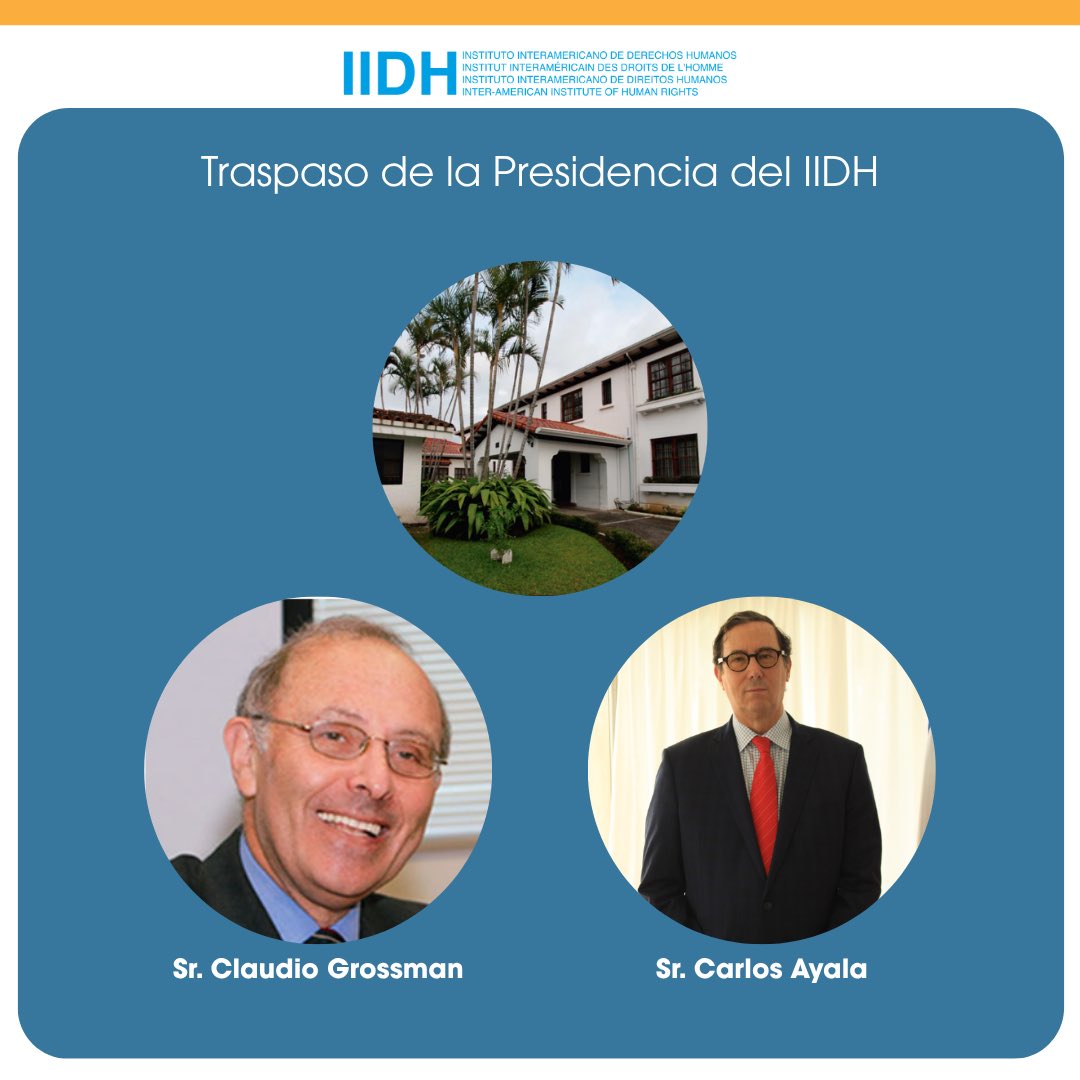 IIDHoficial's tweet photo. El IIDH tiene el agrado de comunicar que este lunes 31 de agosto en su sede principal en San José de Costa Rica se lleva a cabo la ceremonia de traspaso formal de la Presidencia por parte del ex presidente y ahora Presidente Honorario Dr. Claudio Grossman al Dr Carlos Ayala Corao https://t.co/xGMMJqLddX