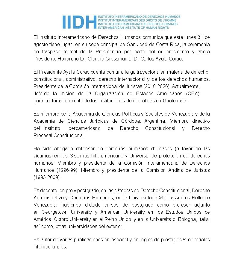 IIDHoficial's tweet photo. El IIDH tiene el agrado de comunicar que este lunes 31 de agosto en su sede principal en San José de Costa Rica se lleva a cabo la ceremonia de traspaso formal de la Presidencia por parte del ex presidente y ahora Presidente Honorario Dr. Claudio Grossman al Dr Carlos Ayala Corao https://t.co/xGMMJqLddX