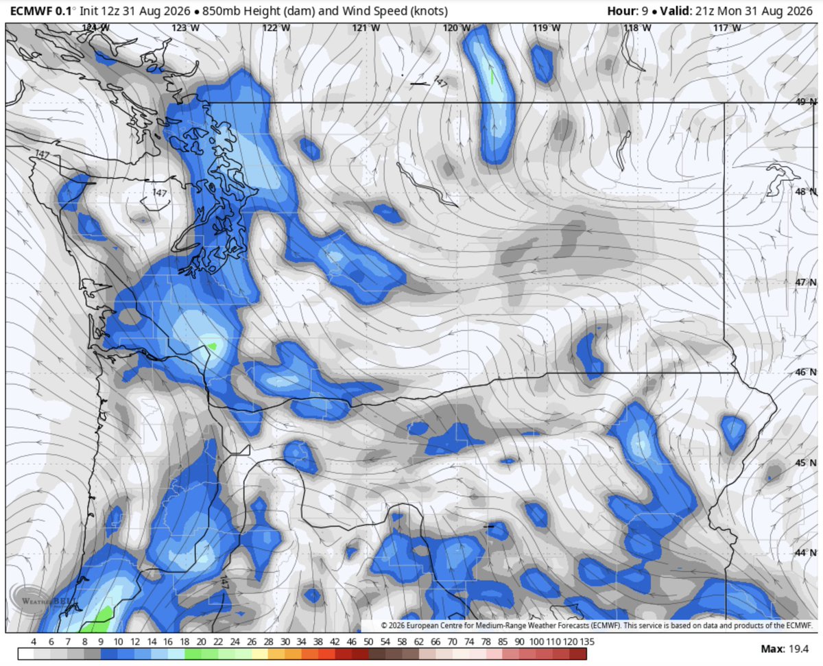 MatthewPfab's tweet photo. Smelling a twinge of wildfire smoke across Western WA? That's due to brief offshore flow today (see forecast for air at ~5,000 ft), ahead of a switch with our incoming midweek storm. Flow turns back onshore tomorrow (Tues.), and air will be clean again! #wawx https://t.co/1XKx6EgJLz