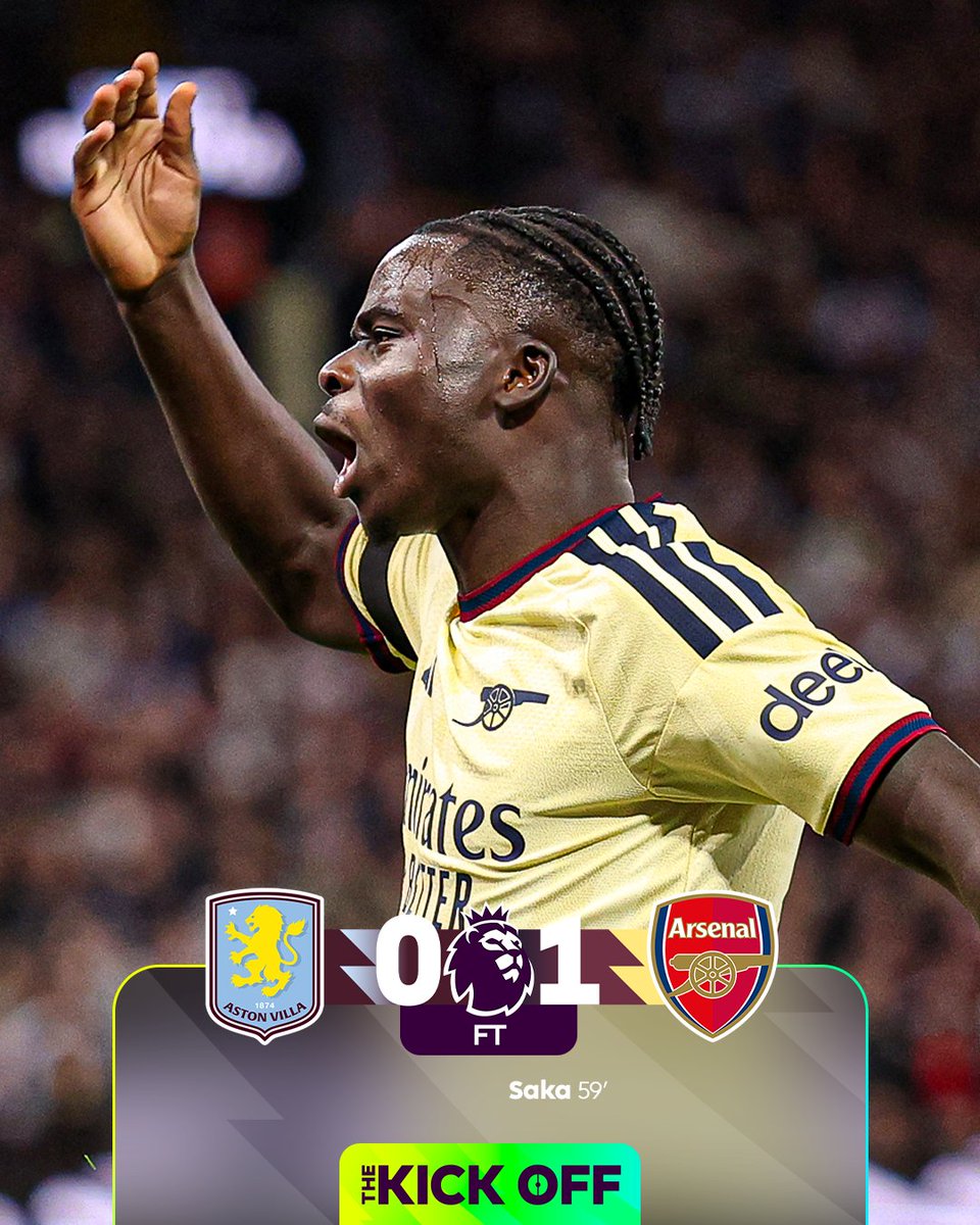 premierleague's tweet photo. Two wins from two matches for @arsenal 🫡

The reigning champions beat Aston Villa 1-0 thanks to Bukayo Saka's second-half goal 💥 https://t.co/sfeTu7F2F6