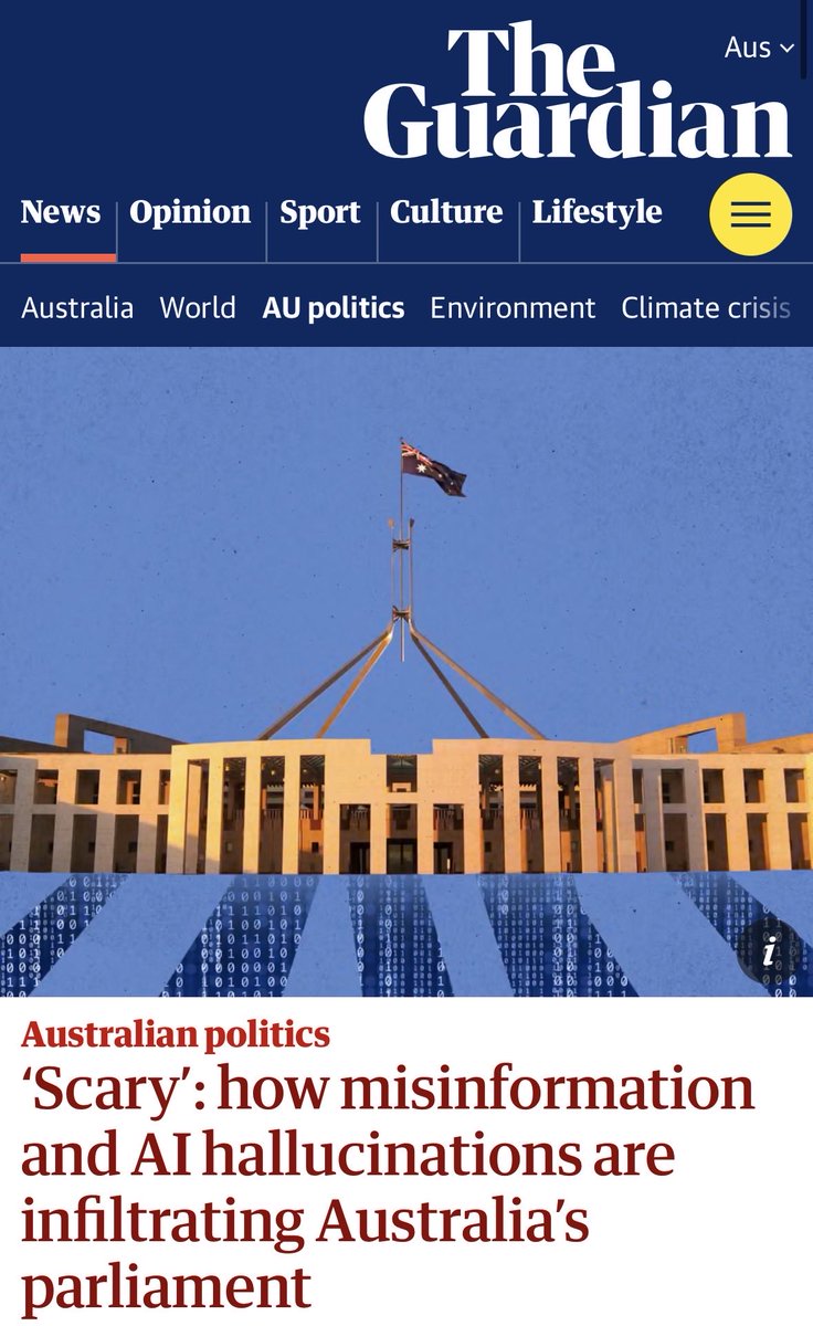 DavidShoebridge's tweet photo. AI Hallucinations are citing other AI hallucinations as source material in a dangerous slop spiral and all that this government can see is upside. 

Bloody hell parliament needs to make guardrails not red carpets https://t.co/9ITs4b4H7w