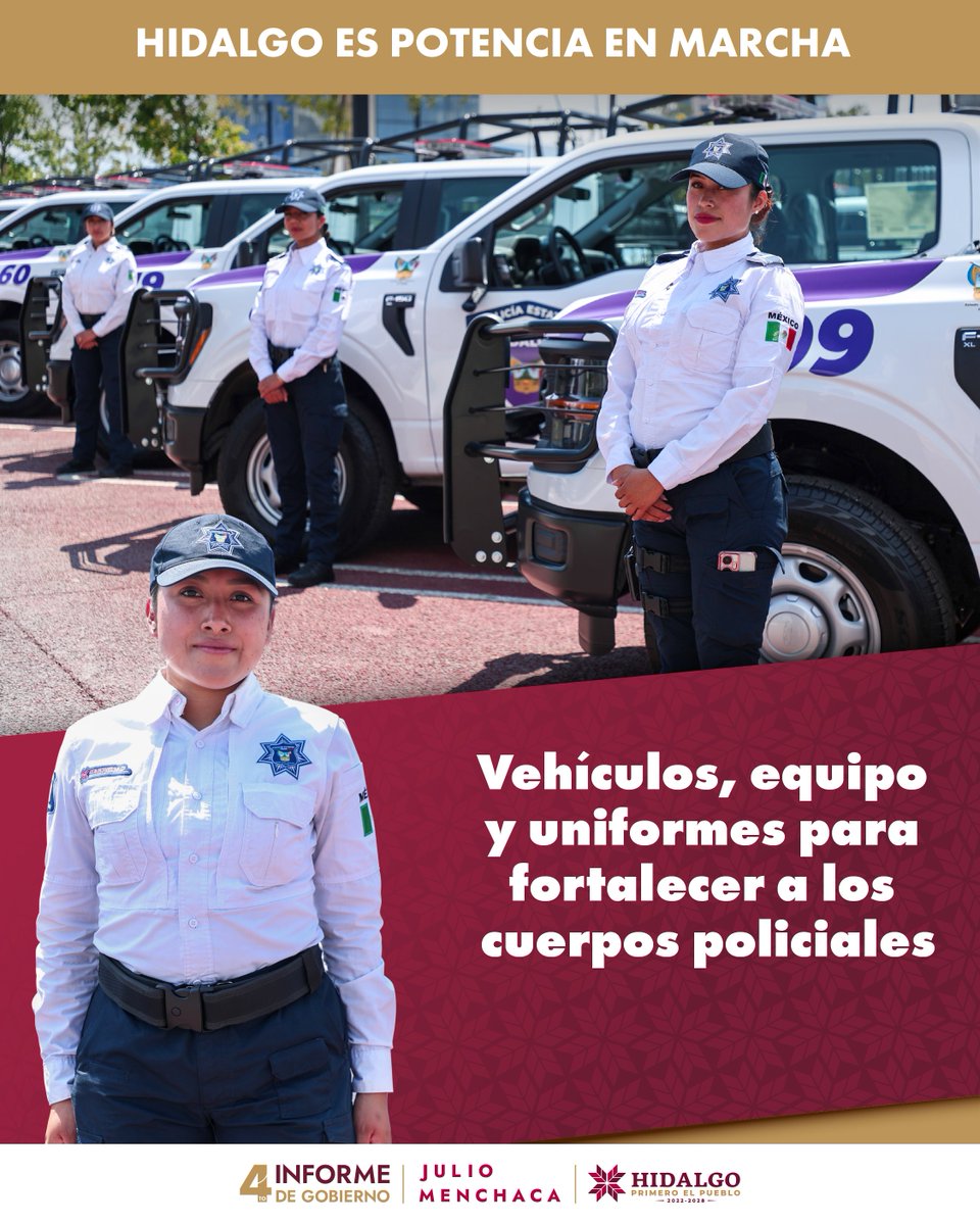 gobiernohidalgo's tweet photo. 👮‍♀️🚓 Fortalecemos a quienes trabajan por la seguridad de Hidalgo
 
 Impulsamos el trabajo policial con nuevo equipamiento, uniformes y 416 vehículos operativos, lo que fortalece la capacidad de respuesta en beneficio de la población.
 
 #ResultadosJulioMenchaca https://t.co/GYPoJiP3Vo