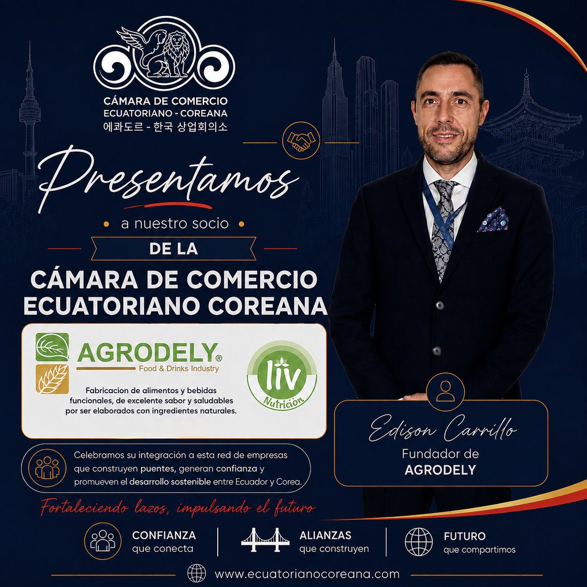 CCEcuCorea's tweet photo. 🌱 Presentamos a AGRODELY | LIV, parte de la Cámara de Comercio Ecuatoriano-Coreana. 🇪🇨🤝🇰🇷

Innovación, productos saludables y nuevas oportunidades que conectan Ecuador con el mundo. 🌎

Síguenos y conoce a nuestros socios.

#AGRODELY #LIV #EcuadorCorea #CámaraEcuatorianoCoreana https://t.co/Hh0sQCcGRK