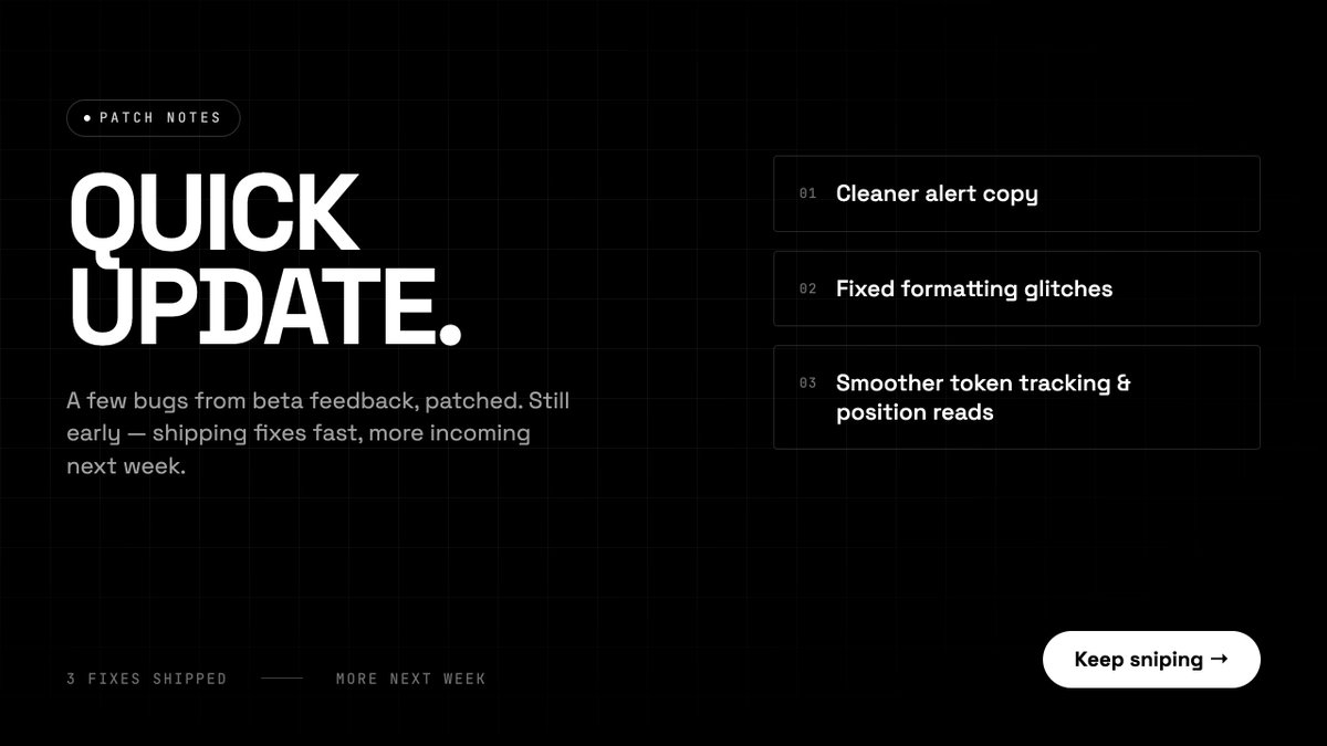 snapchartxyz's tweet photo. Quick snapchart update

Patched a few bugs from beta feedback:
– Cleaner alert copy
– Fixed formatting glitches
– Smoother token tracking / position reads

Still early, but shipping fixes fast.
More incoming next week. https://t.co/oV78ARo1H0