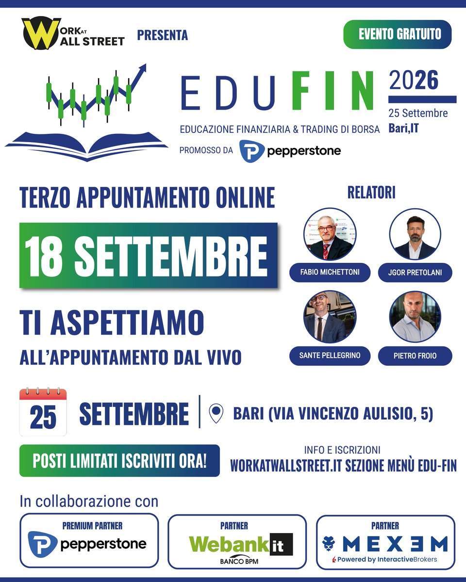 work_wallstreet's tweet photo. Settembre è il mese dei nuovi inizi.
Per chi vuole costruire maggiore consapevolezza sui mercati, è anche il mese di Edu-Fin 2026. https://t.co/8yMTE0wm0t