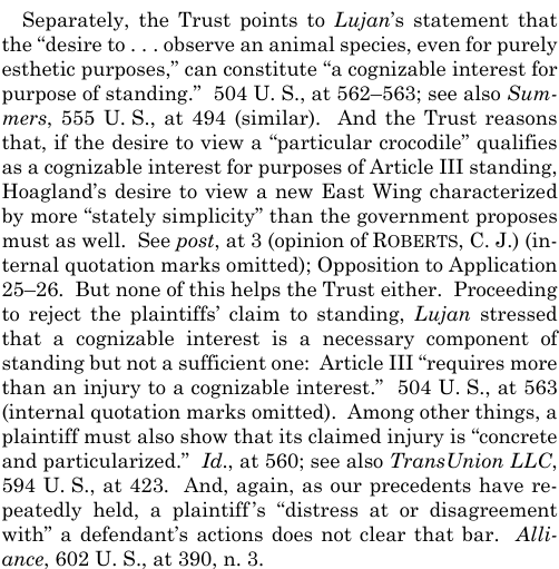 LeroyTheElk's tweet photo. I'm confused by SCOTUS's attempt to distinguish Lujan. Lujan established that a desire to view something can produce standing. The only reason Lujan ultimately rejected the standing claim was that the Lujan plaintiffs had no concrete plan to soon return - but Hoagland does! https://t.co/J85GtTRMvQ