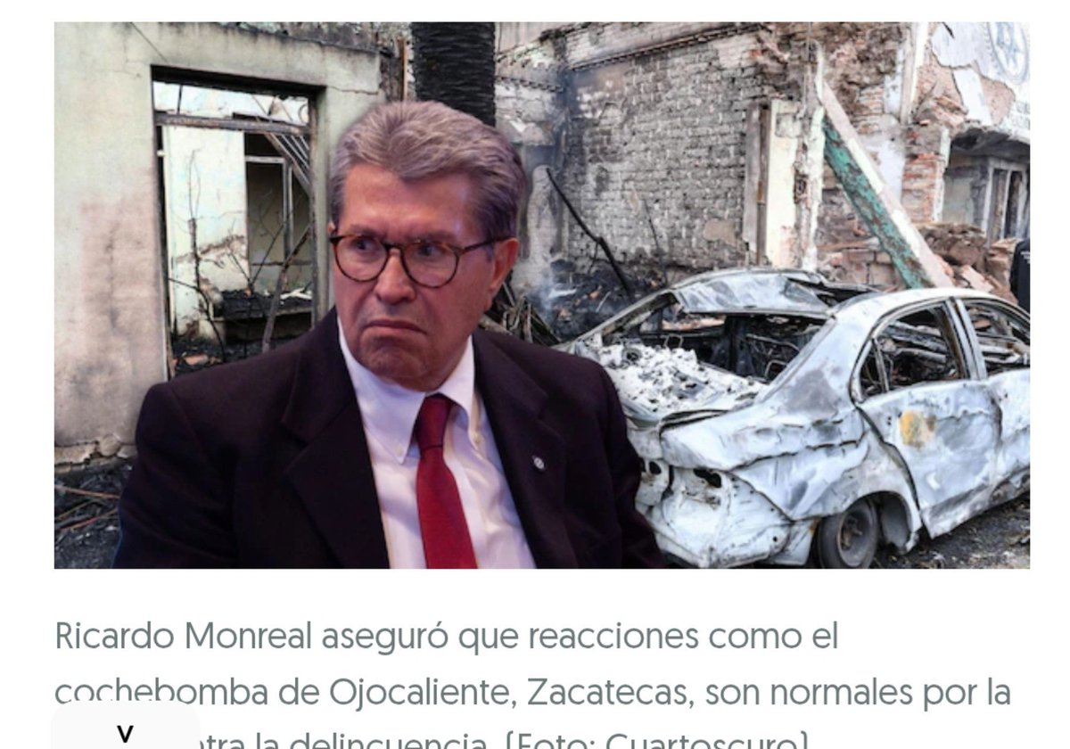 ClaudiAnaya's tweet photo. Normalizar un coche bomba con 11 heridos y 17 inmuebles destruidos es cinismo de clan morenista

Monreal convierte el fracaso de su hermano David en medalla: el narco responde porque "se combate".

No, no es normal, es la factura de 5 años de abrazos y un Zacatecas entregado. https://t.co/pxelHNwZVg
