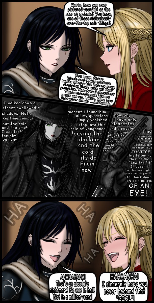SobStail's tweet photo. Maria Sky (or Payne :D ) noir.
I’ve always found those pompous monologues amusing.

#originalcharacter #comic #noir #humor https://t.co/tE9RunS3Ev