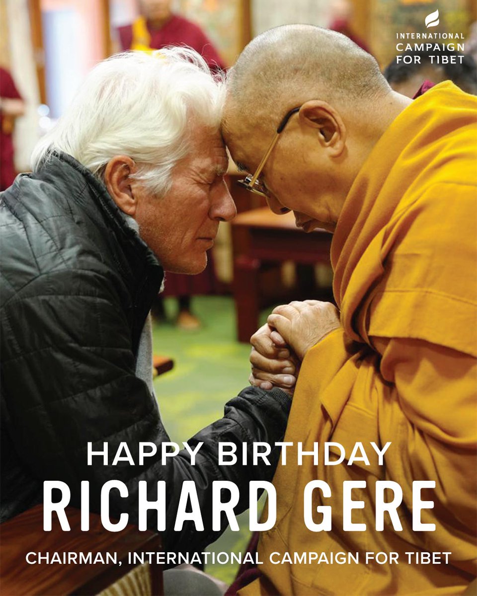 SaveTibetOrg's tweet photo. Happy Birthday, #RichardGere! We are deeply grateful for your many years of leadership and unwavering commitment to Tibet, the Tibetan people, and His Holiness the Dalai Lama. As Chairman of ICT, you continue to strengthen our work and inspire us all. With warmest wishes on your special day!