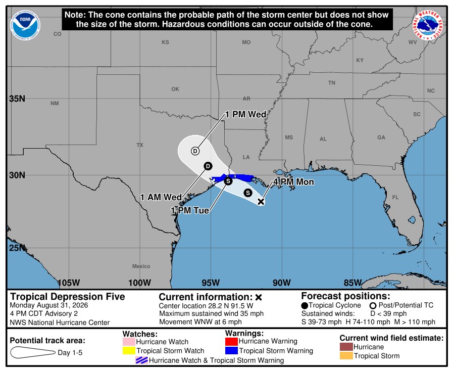 TropicalTidbits's tweet photo. Tropical Depression 5 (#TD5) is maintaining a central cluster of thunderstorms even into the diurnal convective minimum, indicating its local environment is becoming more conducive to intensification. Earlier recon aircraft data also suggested a compact inner core wind field may be forming, which would also support quick intensification. 

The updated @NHC_Atlantic forecast has significantly raised the forecast intensity peak to 60 mph max winds, with an associated increase in coastal storm surge risk.

This evening's planned 00Z recon mission will confirm whether a phase of quick intensification is beginning.