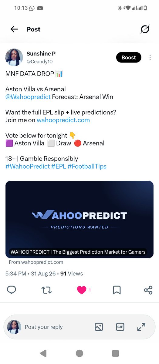 Ceandy10's tweet photo. WE CALLED IT โ
Aston Villa 0 - 1 Arsenal
@Wahoopredict Forecast: Arsenal Win ๐ฎ
Want to stop guessing and start using data?
Click on https://t.co/WsRZLfcUpA for EPL MD3
Who should we back next? ๐
18+ | Gamble Responsibly
#WahooPredict #EPL #AVLARS #Receipts https://t.co/KjsJxc0KxP