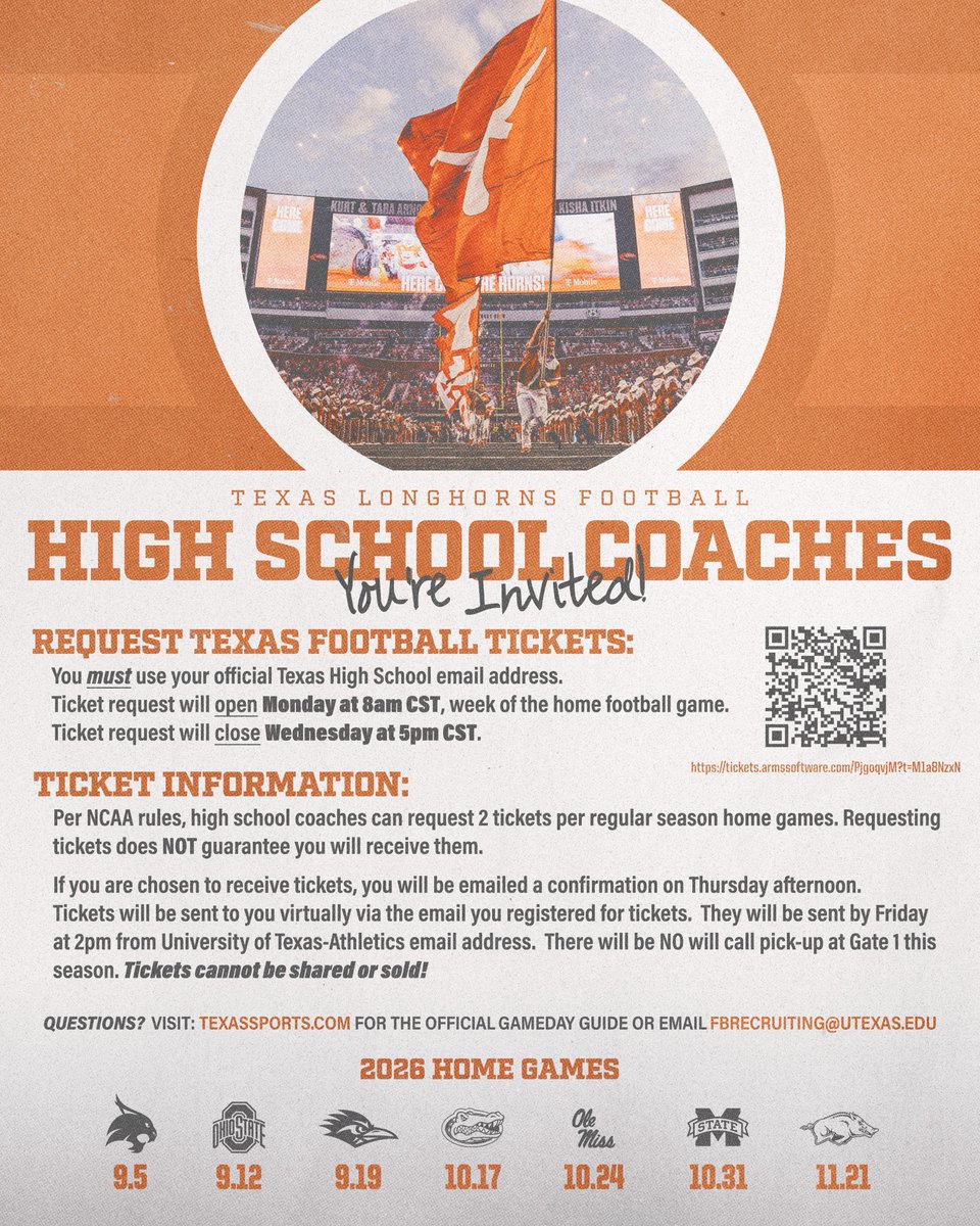 TexasFootball's tweet photo. Attention High School Coaches!

You are invited to Texas Football home games for the 2026 season 🤘

Request tickets here: https://t.co/Rn83bVjAbW https://t.co/3CkjGtQ0kr