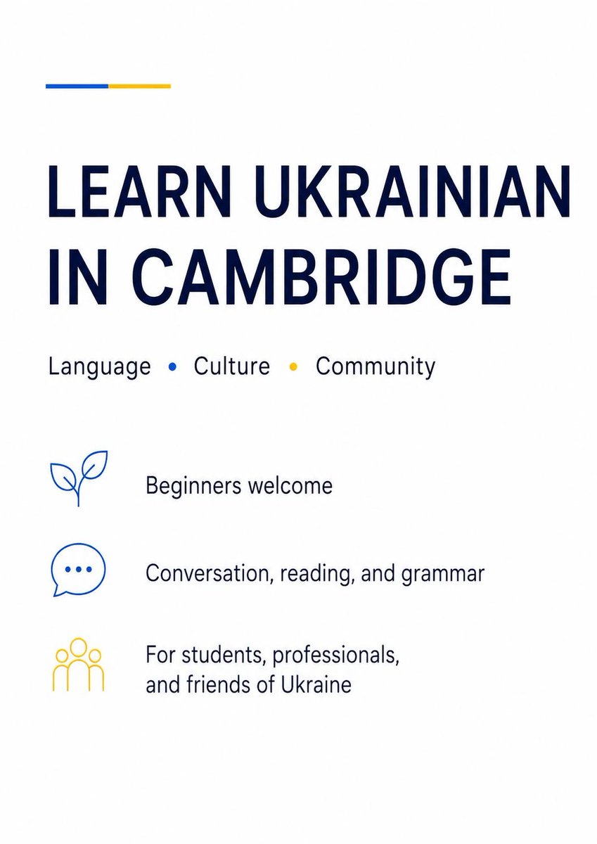 CamUkrainistyka's tweet photo. Open Ukrainian Language Courses at the University of Cambridge
Teaching begins on 8th October 2026.
Elementary level (A): Thursday, 3pm
Elementary level (B): Thursday, 4pm
Intermediate level: Friday, 3pm
Advanced level: Friday, 4pm
To register send email: slavonic@mmll.cam.ac.uk. https://t.co/VsHvF0awLo
