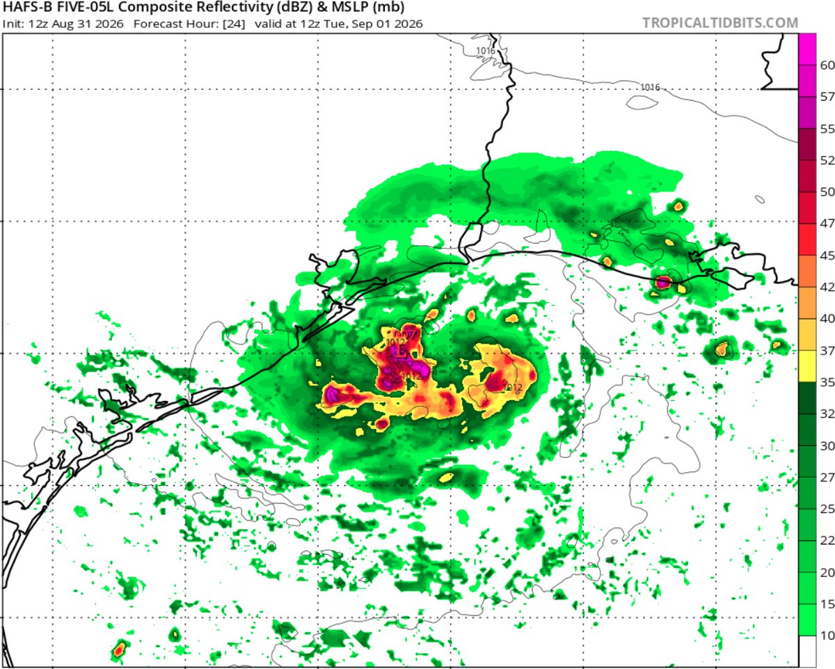 Djrobinson_wx's tweet photo. Taking a look at the hurricane models for tropical depression #05L and the Hafs models tend to not do too much strengthing with the system, whereas both the HWRF and HMON both at least show a tropical storm/low-end hurricane. Given the relatively small size of this system and the pretty pristine conditions tend to side more with the HWRF and HMON here.
