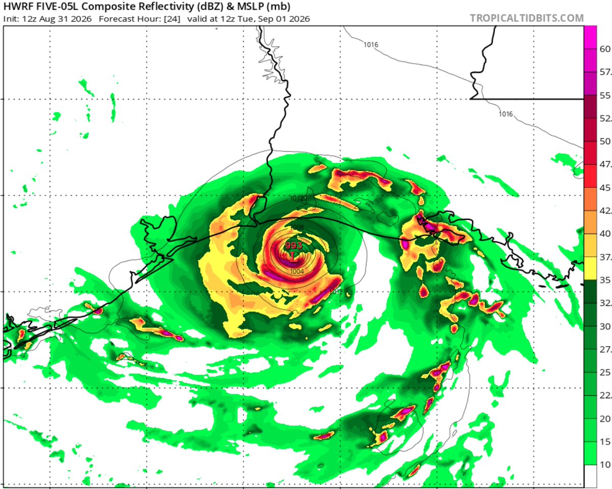 Djrobinson_wx's tweet photo. Taking a look at the hurricane models for tropical depression #05L and the Hafs models tend to not do too much strengthing with the system, whereas both the HWRF and HMON both at least show a tropical storm/low-end hurricane. Given the relatively small size of this system and the pretty pristine conditions tend to side more with the HWRF and HMON here.